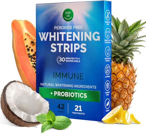 Teeth Whitening Strips by Pop On, 42 Strips, 21-Day Treatment, Non-Slip, Sensitive Teeth Whitening Strips, Made With Natural Ingredients, Mint Flavor, With Essential Probiotics, Hydrogen Peroxide Free