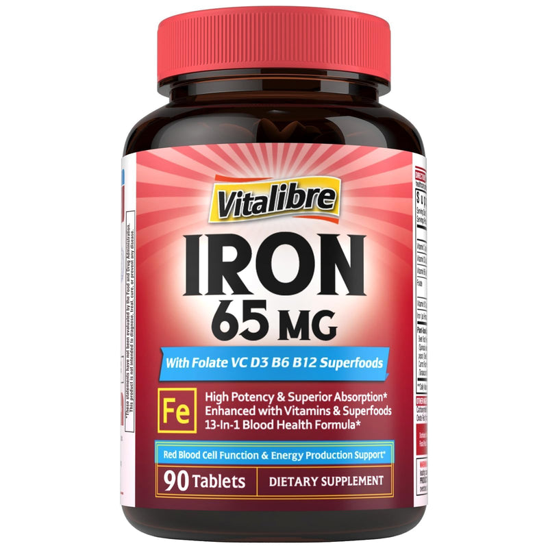 Vitalibre Iron Supplement for Women & Men, 65 mg, Ferrous Sulfate, VitaminC | D3, B6, B12, Folate, Beet Root, Spinach, Pumpkin Seeds, Nettle, for Red Blood Cell & Energy Production, 90 Tablets 90 Count (Pack of 1)