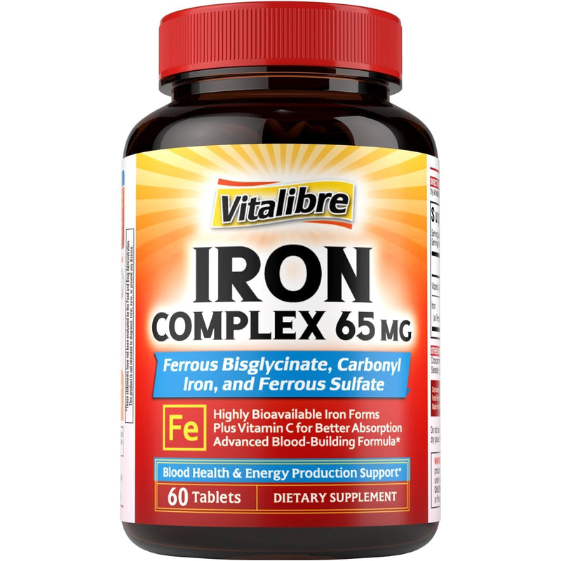 Iron Supplement, 65mg Complex Ferrous Bisglycinate, Sulfate, Carbonyl Iron | with Natural Vitamin C, Stomach Friendly Iron Pills for Blood Building, High Absorption, Non GMO, 60 Vegan Tabs