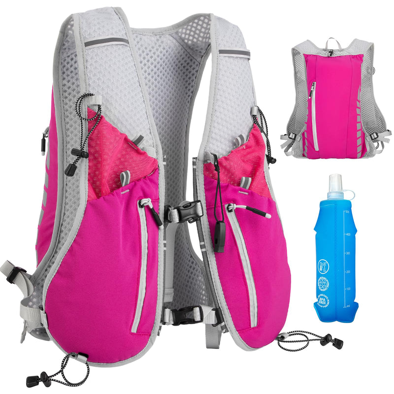 NONSAR Running Vest for Men Women, Running Vest Backpack, Lightweight Pack with 500ml Soft Flask, Adjustable Chest Straps and Reflective Running Hydration Vest for Running Hiking Cycling Camping Pink
