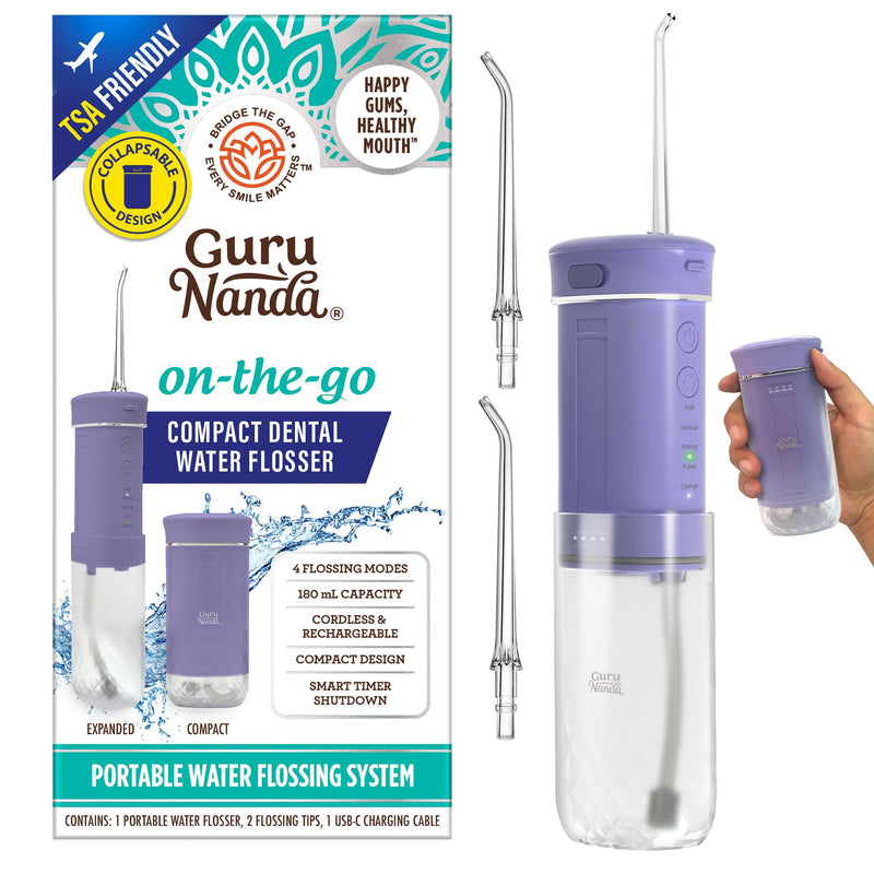 GuruNanda Compact Water Dental Flosser, Portable Travel Size Oral Irrigator Flosser with Collapsible 180 ml Tank, Smart Timer, 4 Flossing Modes, TSA-Approved - Lavender - BeesActive Australia
