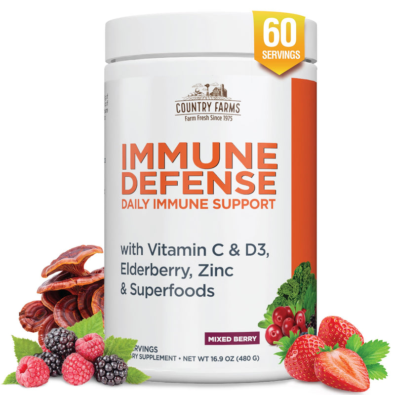 Country Farms Immune Defense Superfoods, Immune Support Supplement, Vitamin C with Black Elderberry, Echinacea, Turmeric, Supports Hydration, with Probiotics and Prebiotics, Berry Flavor, 60 Servings 1.06 Pound (Pack of 1)