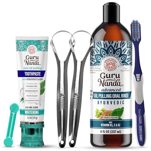 GuruNanda Complete Oral Care Bundle – Hydroxyapatite Toothpaste & Advanced Oil Pulling with Tongue Scraper for Stronger Teeth & Happier Gums