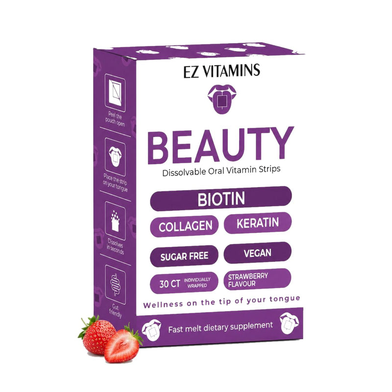 Beauty Strips for Hair, Skin & Nails Growth, 30 ct | Collagen Oral Strips With Biotin, Vitamin E And Folate Support Strong Nails And Glowing Skin, Strawberry Flavor, Sugar-Free