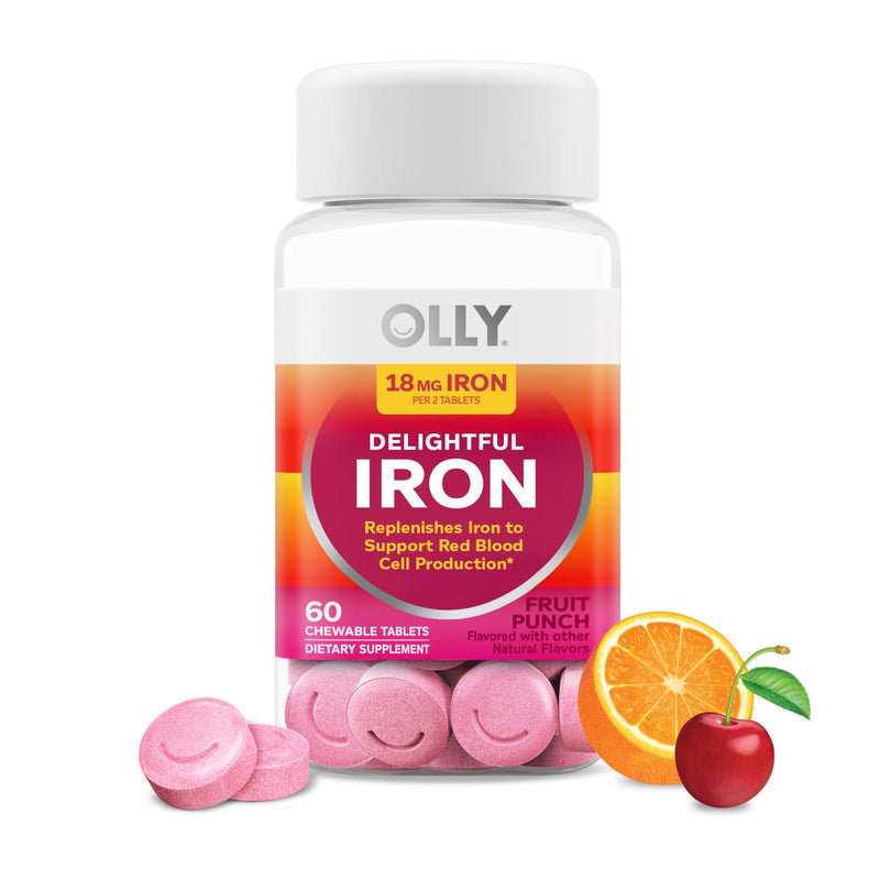 OLLY Delightful Iron Chewable Tablet, Iron Supplement from AB Fortis, Fruit Punch Flavor, 30 or 20 Day Supply - 60 Count 1 Count (Pack of 60)