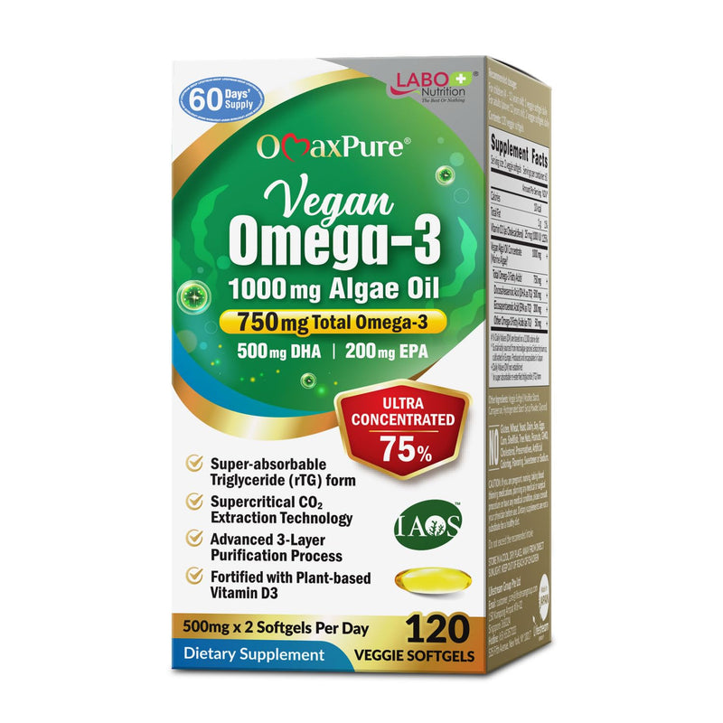 LABO Nutrition OmaxPure Vegan Omega-3 Algae Oil IAOS EPA DHA 120 softgels | IAOS certified 750mg omega-3 from 1000mg algae oil, for heart, brain & eye health, up to 60 days' supply