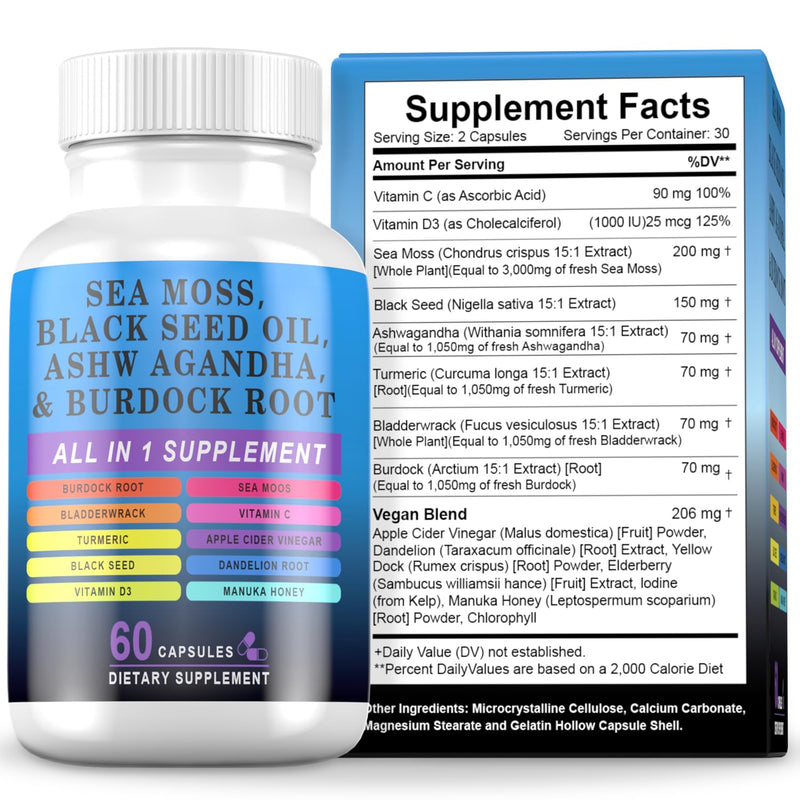 Sea Moss Black Seed Oil Ashwagandha Turmeric Bladderwrack Burdock, Elderberry Manuka Dandelion, Burdock Root Turmeric Vitamin D3 Chlorophyll - 60 Capsules