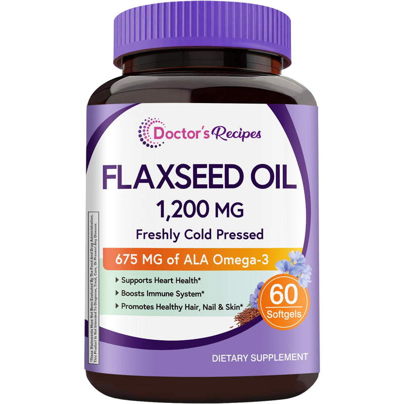 Doctor's Recipes Flaxseed Oil, 1200 mg, Freshly Cold Pressed, High in ALA, Omega 3 6 9, No Gluten, No Soy, for Heart Health, Non GMO, 60 Softgels 60 Count (Pack of 1) - BeesActive Australia