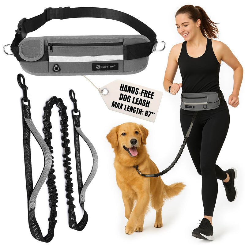Tails & Tales Hands Free Dog Leash with Lightweight Waist Pouch for Walking Running Hiking, Adjustable Belt 25-45", Dual Padded Handles, Reflective Bungee Design for Small to Large 100lb Dogs (Gray) Gray - BeesActive Australia