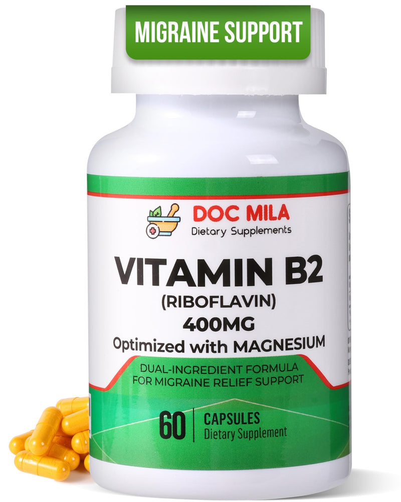 Vitamin B2 Riboflavin 400mg Capsules – Migraine Relief Supplement for Kids & Adults – Headache Support – Vegan Vitamin Tablets – 60 Pills (200mg per Capsule)
