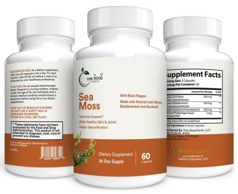 Sea Moss (60 Capsules) with 1405mg of Irish Moss Bladderwrack Burdock Black Pepper Extract Calcium Magnesium Potassium Zinc Selenium Iodine with Vitamins A, B2, C, B9 and K