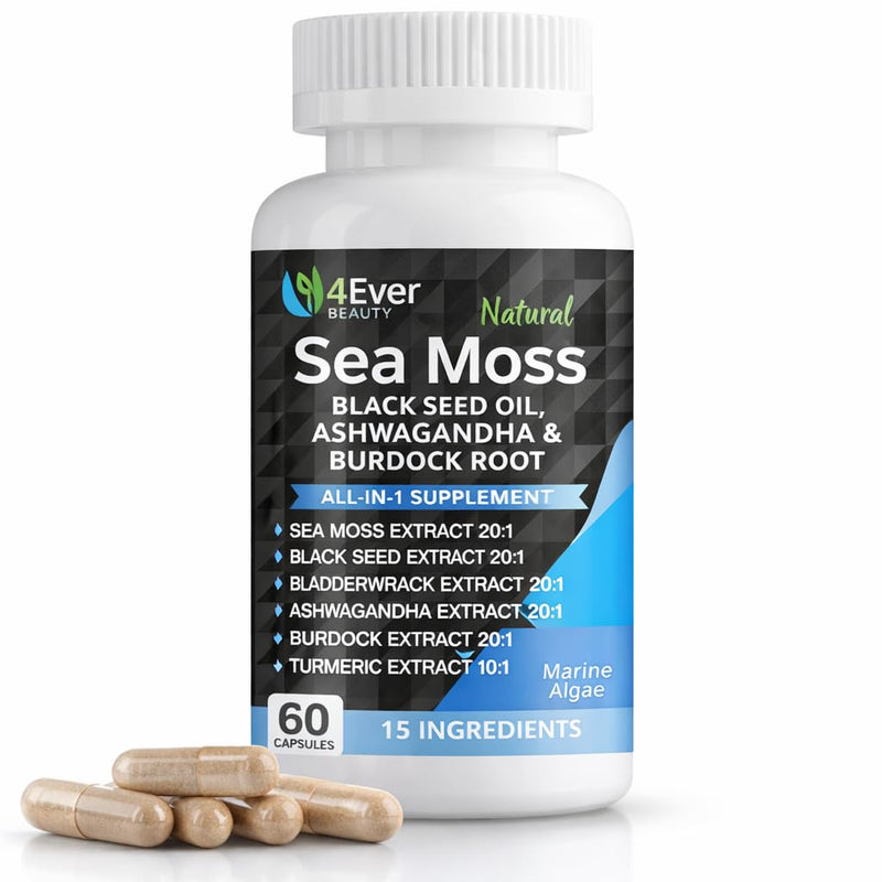 Sea Moss Capsules with Black Seed Oil & Ashwagandha – Daily Wellness & Vitality Formula for Women & Men, with Bladderwrack, Vitamin D3, Dandelion Root, Yellow Dock & More | 60 Capsules