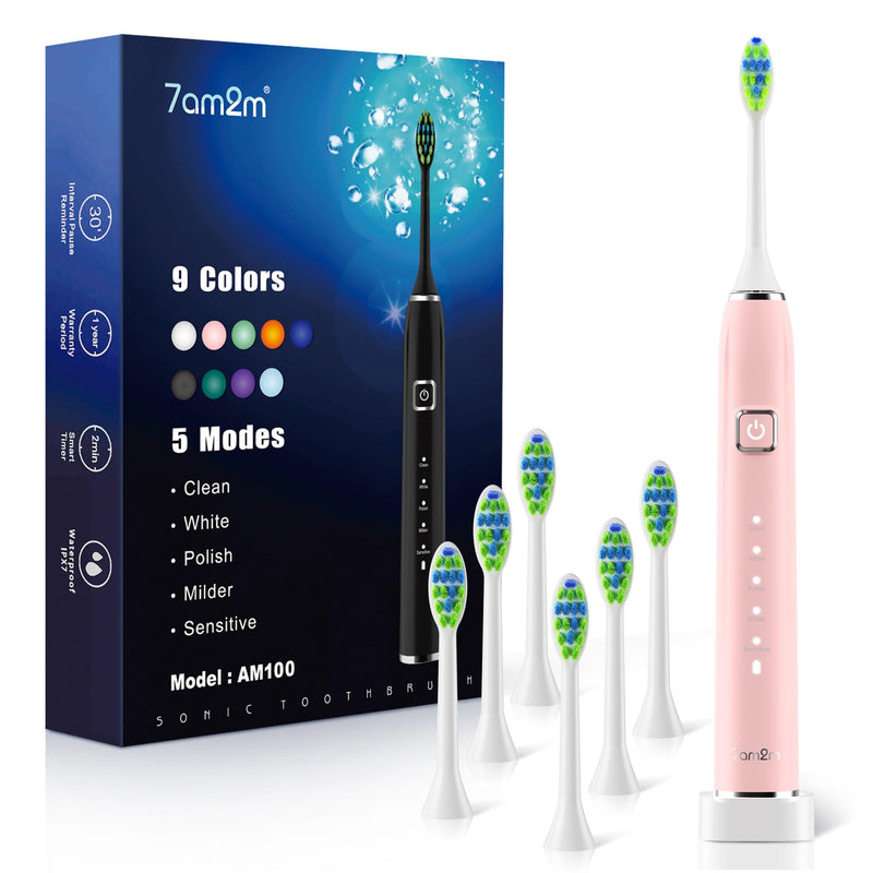 7AM2M Sonic Electric Toothbrush with 6 Brush Heads for Adults&Kids, One Charge for 120 Days, Wireless Fast Charge, 5 Modes, 40000VPM Powered Toothbrush, 2 Minutes Built in Smart Timer -Pink Pink