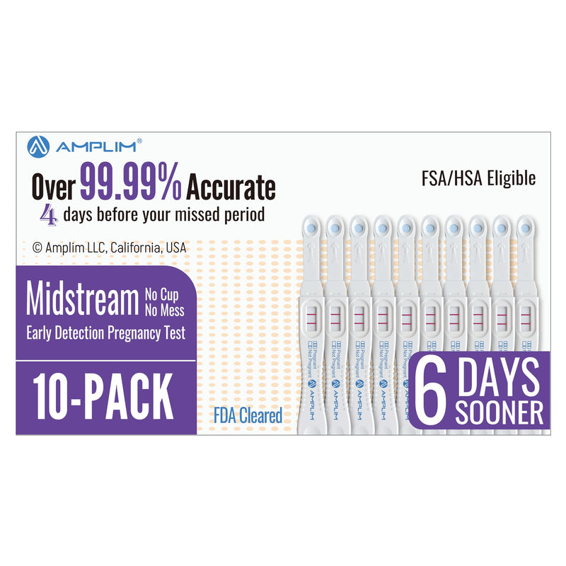 Amplim Midstream Pregnancy Test Stick, HCG Early Detection 6-Days Sooner, Extra Sensitive 10 MIU/mL 99.99% Accurate Result, 2-Sec Easy Home Tests, 10 Pack 1 Count (Pack of 10) - BeesActive Australia