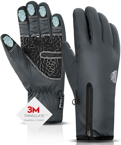 Bruvoalon Y322 Winter Gloves for Men & Women, -10℉ Touchscreen 5-Layer Thermal Insulated, Windproof Anti-Slip Ski Gloves Gray Medium