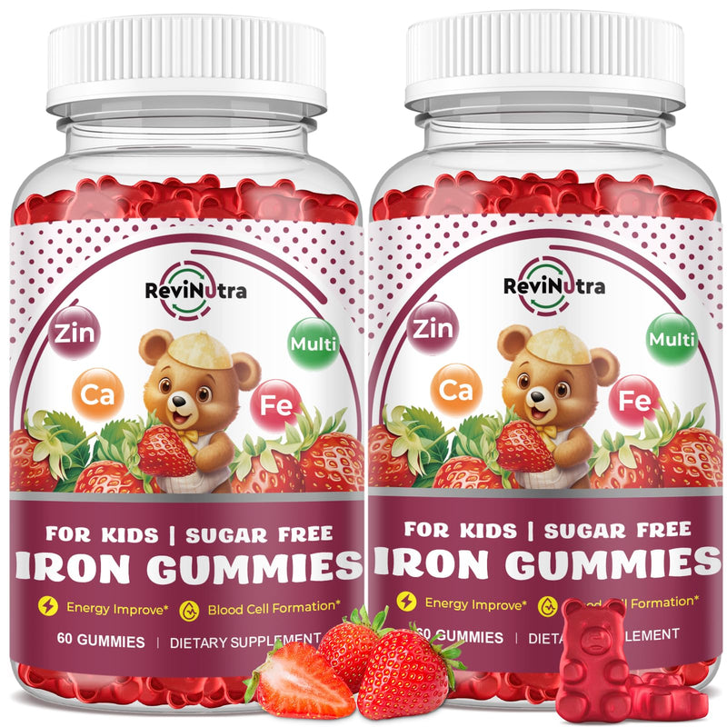 Iron Supplement Gummies for Kids - with Calcium, Zinc, Kids Multivitamin with Iron Gummies - Immune Support, Blood Builder & Energy Support for Iron Deficiency - 2 Pack Strawberry Flavour, 60 Gummies 60 Count (Pack of 2)