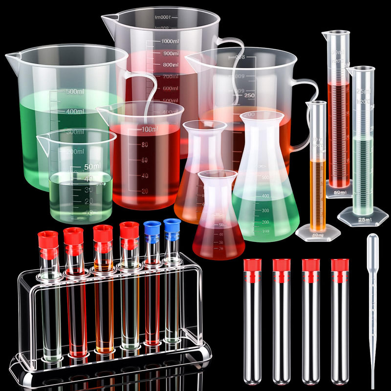 Baderke 28 Pcs Plastic Beakers Test Tubes with Graduated Cylinder Flask