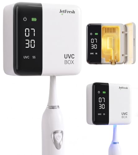 Jetfresh UV Toothbrush Sanitizer Holder & Cleaner with LED Clock Display, Fan Drying & Heating | Wall-Mounted & Portable Toothbrush Sanitizer and Holder Case for Bathroom & Travel. Fits All Brushes. Sx-7 White