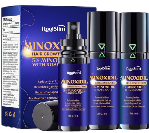 5% Minoxidil Hair Growth for Men and Women: 3-Pack RootStim Extra Strength Minoxidil Beard Regrowth Treatment with Rosemary for Thinning Hair Regrowth and Fuller Hair 180 ML 2.02 Fl Oz (Pack of 3)