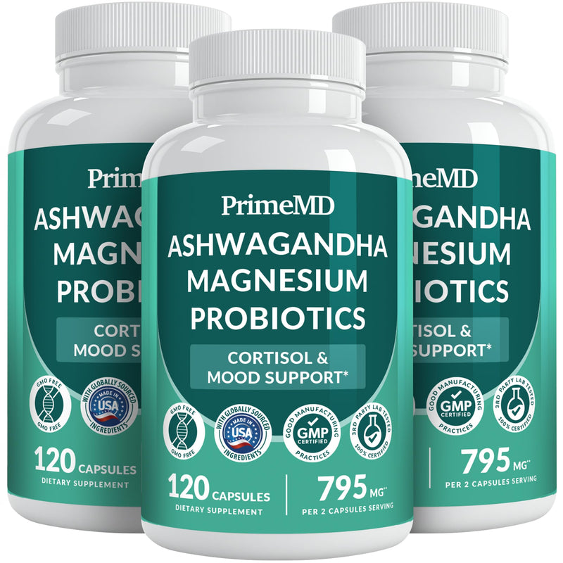 PrimeMD Cortisol Supplement with Ashwagandha, Shilajit & Magnesium, 120ct | Calmness, Focus and Stress Support, Ashwagandha with Shilajit and Magnesium Glycinate, Adaptogen Supplement (Pack of 3) 120 Count (Pack of 3)