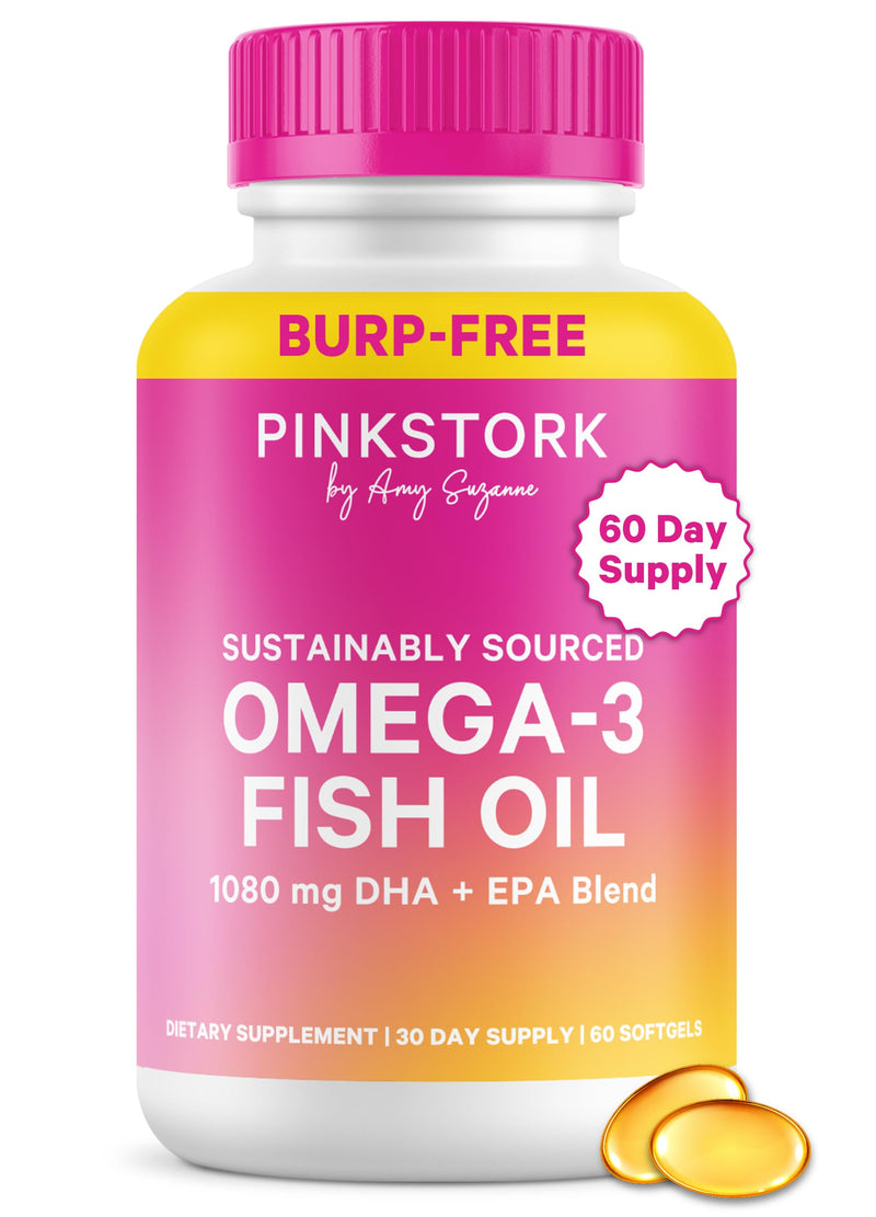 Pink Stork Omega 3 Fish Oil Supplements for Women, 60 Softgels | DHA + EPA, High Potency, Burpless, Mental Clarity, Cognitive Health, Fetal Brain + Nervous System Development, 2 Month Supply