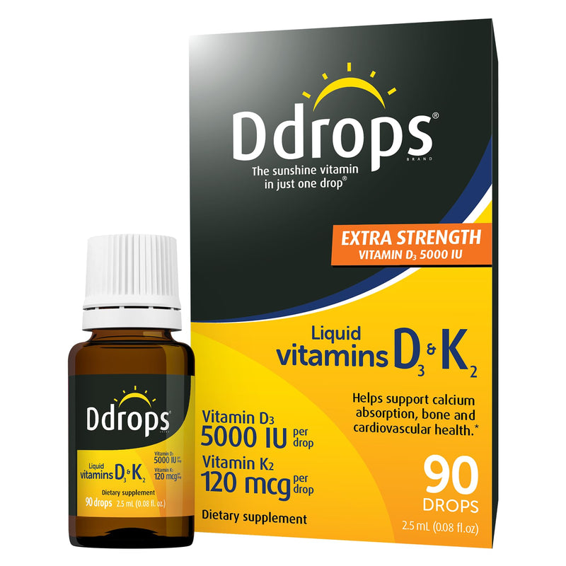 Ddrops Extra Strength 5000 IU Vitamin D3 + K2 90 Drops - Liquid Vitamin D3 & K2 (MK7) Supplement. Supporting Strong Bones, Immune System and Cardiovascular Health. 0.06 Fl Oz (Pack of 1)