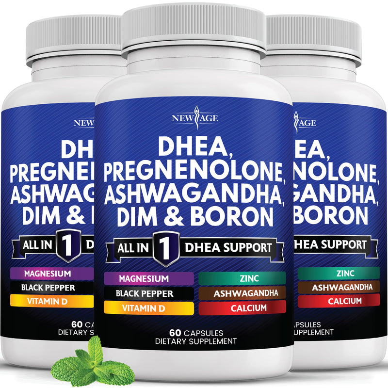 NEW AGE DHEA Supplement - Pregnenolone for Men & Women with DIM, Ashwagandha, Boron, Calcium, Magnesium, Zinc, Vitamin D3 5000iu - Support Capsules - 180 Count 60 Count (Pack of 3)