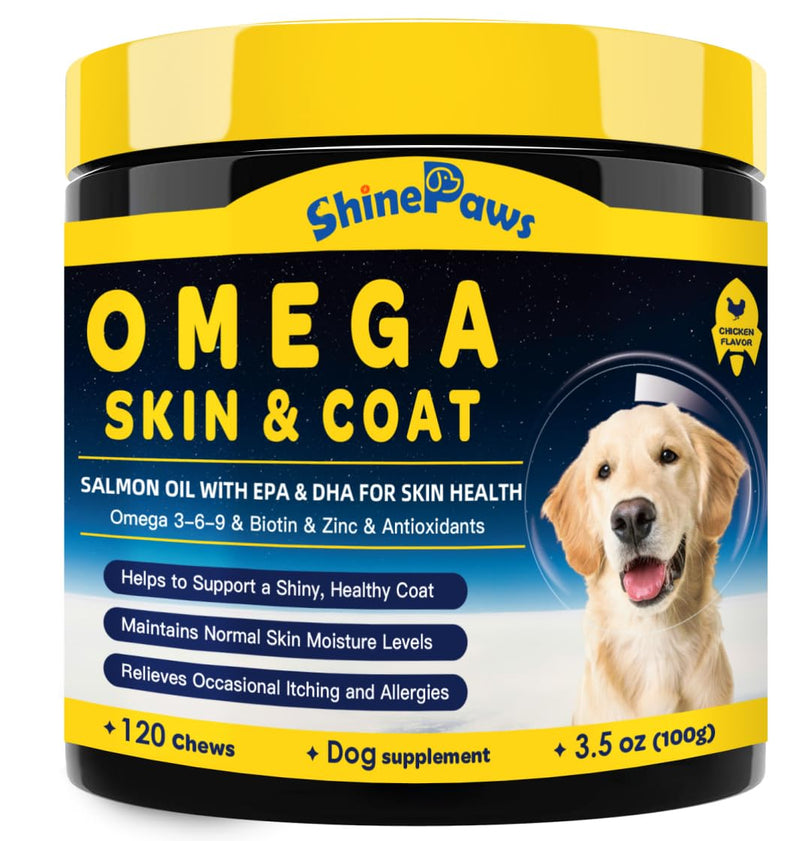 Omega 3 for Dogs, Salmon Fish Oil for Dogs Skin and Coat Chew with Omega 3 6 9 (EPA+DHA), ZINC, BIOTIN and Vitamin E & C for Dog Hot Spot Treatment, Itchy Skin Relief, 120ct Chicken Flavored 120 Chews