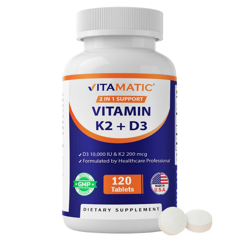 Vitamatic Vitamin D3 K2 Supplements with 10,000 IU Vitamin D + 200mcg Vitamin K MK-7, 120 Tablets Bone, Heart, Immune, & Calcium Support 120 Count (Pack of 1)