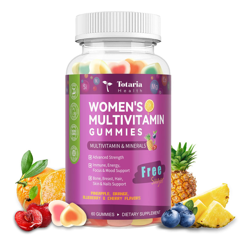 Totaria Sugar Free Womens Multivitamin Gummies with Iron, Women's Multivitamin w/Vitamins C, D3 K2, B12, B6, Filled Gummies for Daily Nutritional Support| Immune Support| Skin Health, Mixed Flavors 60 Count (Pack of 1)
