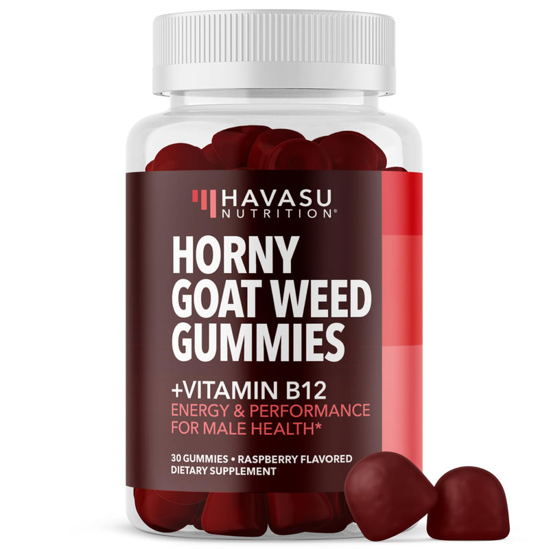 Horny Goat Weed Gummies with Vitamin B12, Raspberry Flavor, 30 Count | 30 Count, Vegetarian-Friendly, Non-GMO, Pectin-Based Gummies for Energy and Endurance Support, Raspberry Flavor, 15 Servings 30 Count (Pack of 1)