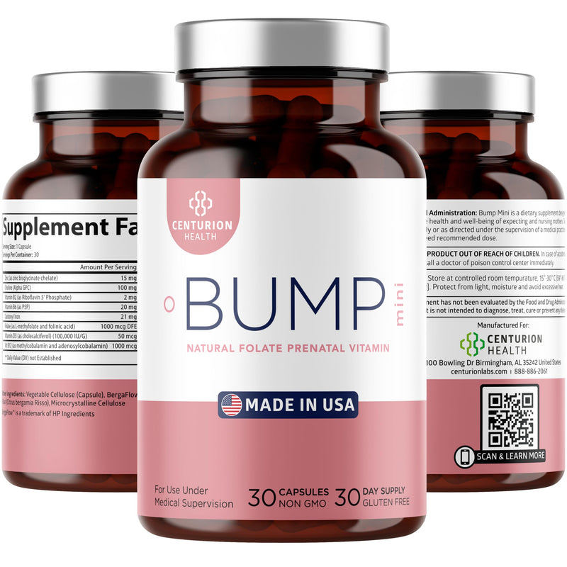 Centurion Health Bump Mini Complete Prenatal Vitamins for Women with Folate, Choline, Carbonyl Iron, Zinc, Vitamin D3 and Vitamin B12 for Fetal Development and Pregnancy Support, 30 Caps