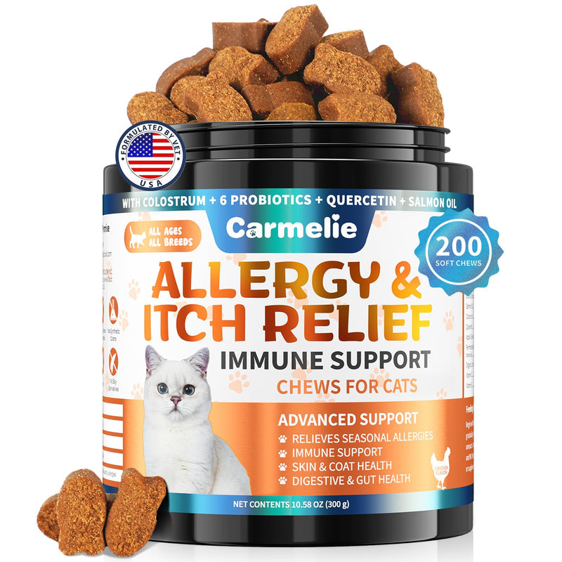 Cat Allergy Relief Chews 200 pcs - Cat Itchy Skin & Paw Licking Relief - Omega 3 & Probiotic for Cats - Anti-Itch Relief for Skin & Coat Health, Immune Support, Seasonal Allergies - Chicken Flavor