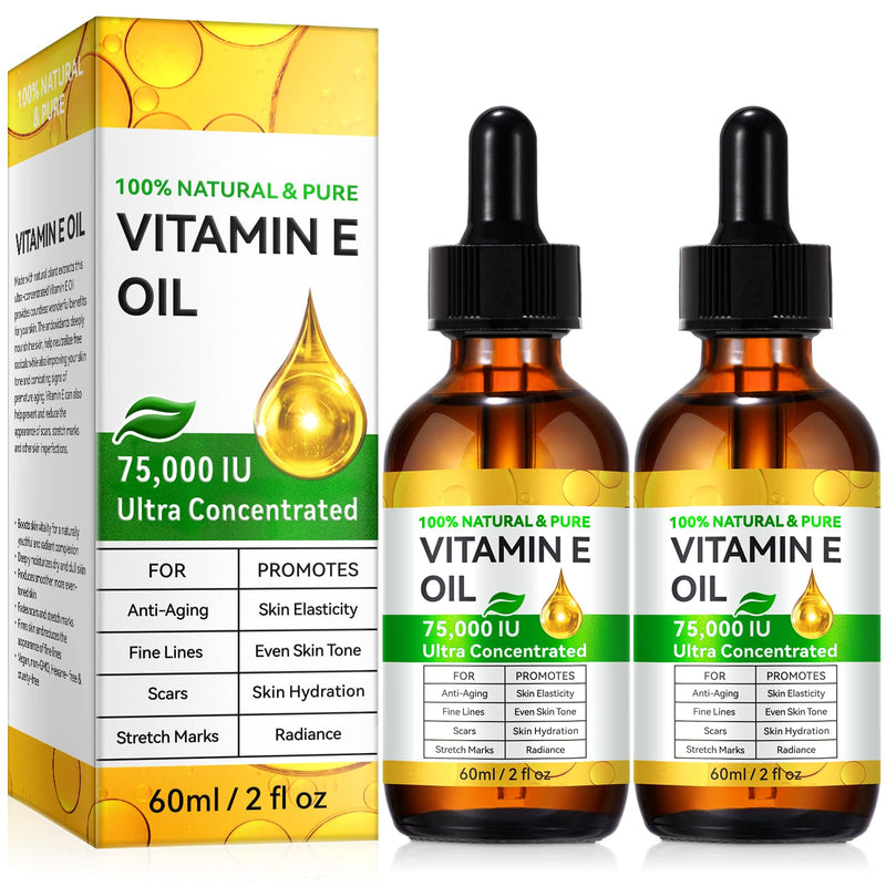 Vitamin E Oil for Skin - 75,000 IU | Vitamin E Oil for Scars, Stretch Marks, Wrinkles, 100% Natural d-Alpha Tocopherol for Face & Hair, Moisturizing Anti-Aging (120 ML) 2 Fl Oz (Pack of 2)