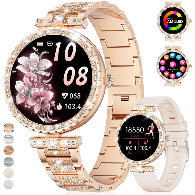 ESFOE Smart Watches for Women,1.19” AMOLED Smart Watch Women Answer Make Calls,IP68 Waterproof Fitness Tracker,Heart Rate Sleep Monitor,100+ Sports Pedometer Watch for Android iOS Phone,Gift,Rose Gold FV8-A(Diamond Metal Gold)
