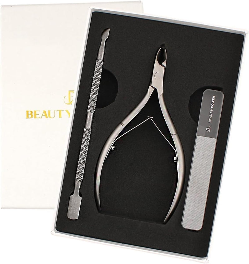 Beauty Power Cuticle Trimmer with Cuticle Pusher & Nano Nail File - Cuticle Nipper Cuticle Remover - Professional Stainless Steel Clippers Pedicure Manicure Tools for Fingernails - Gift Idea Cuticle Nipper + Pusher + Nano Nail File
