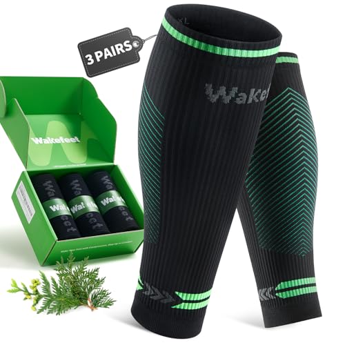 3 Pairs Calf Compression Sleeves for Women & Men 15-20 mmHg, Graduated Compression Socks for Running, Swelling Relief, Shin Splints & Varicose Veins Support, Anti-Slip Leg Sleeves Green L/XL