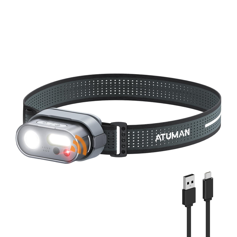 ATuMan MH1 Headlamp Rechargeable, Intelligent Multifunctional Headlight 1 Pack with Red Warning Light and 7 Lighting Modes Lightweight Headlamp with Motion Sensor for Outdoor Camping Hiking Cycling