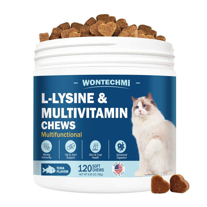 L-Lysine Supplement for Cats, Cat Vitamins for Sneezing, Runny Nose, Cold, Immune Support, Eye Function and Respiratory Health, Natural Lysine Cat Treats (120 Chews, Tuna) 120 Chews
