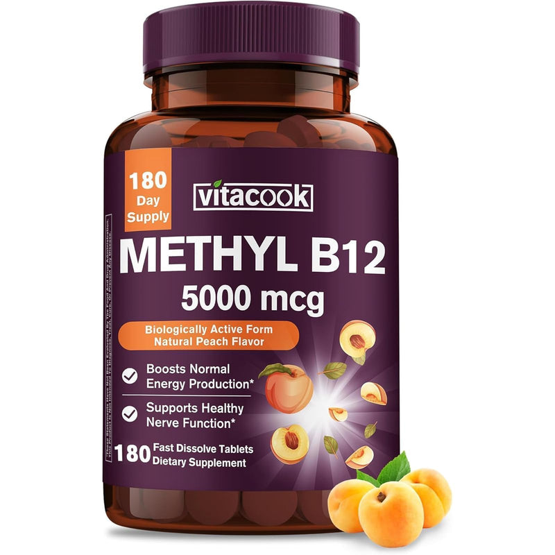 Vitamin B12 Sublingual, Methylcobalamin 5000mcg for Energy Production | Energy, Nerve & Cell Support, Natural Peach Flavor, Vegan, Zero Sugar, 180 Fast Dissolve Tablets 180 Count (Pack of 1)
