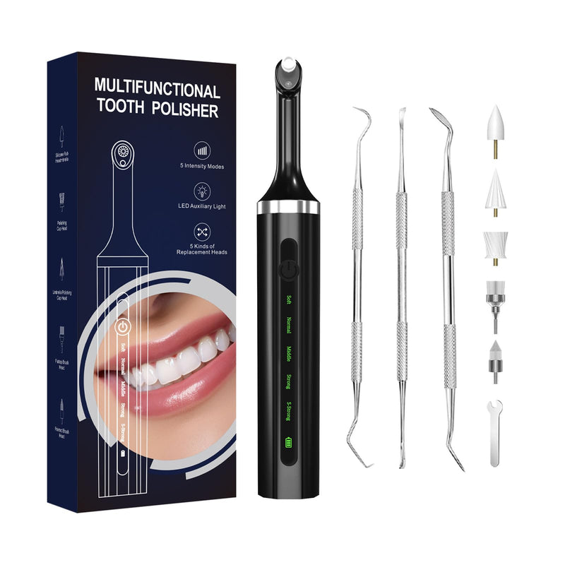 Plaque for Teeth Whitening Tools Electric Tartar Polishing Cleaning Kit with LED Light 5 Speed Modes with 5 Replacement Brush Heads (Black) - BeesActive Australia