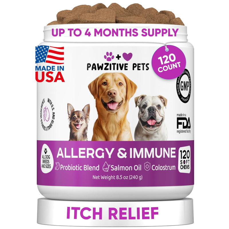 Dog Allergy Relief Chews for Itchy Skin - Seasonal and Food Allergy Chews for Shedding, Licking Paws, Hot Spot, Ears - USA Product - Omega 3 Fish Oil Skin & Coat Supplement - Anti Itch Immune Treats Allergy Support Chews