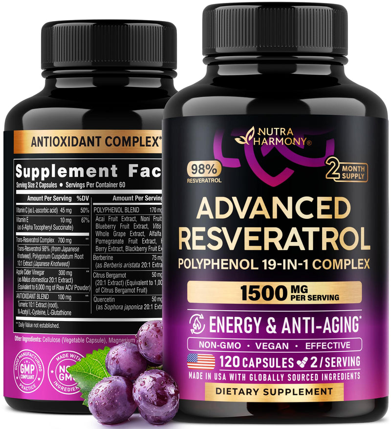 Resveratrol Supplement - 19-in-1 Organic Polyphenol Complex - Noni Extract | Berberine | Quercetin | Apple Cider Vinegar | Acai - Made in USA - Antioxidant & Heart Health Support - 120 Capsules