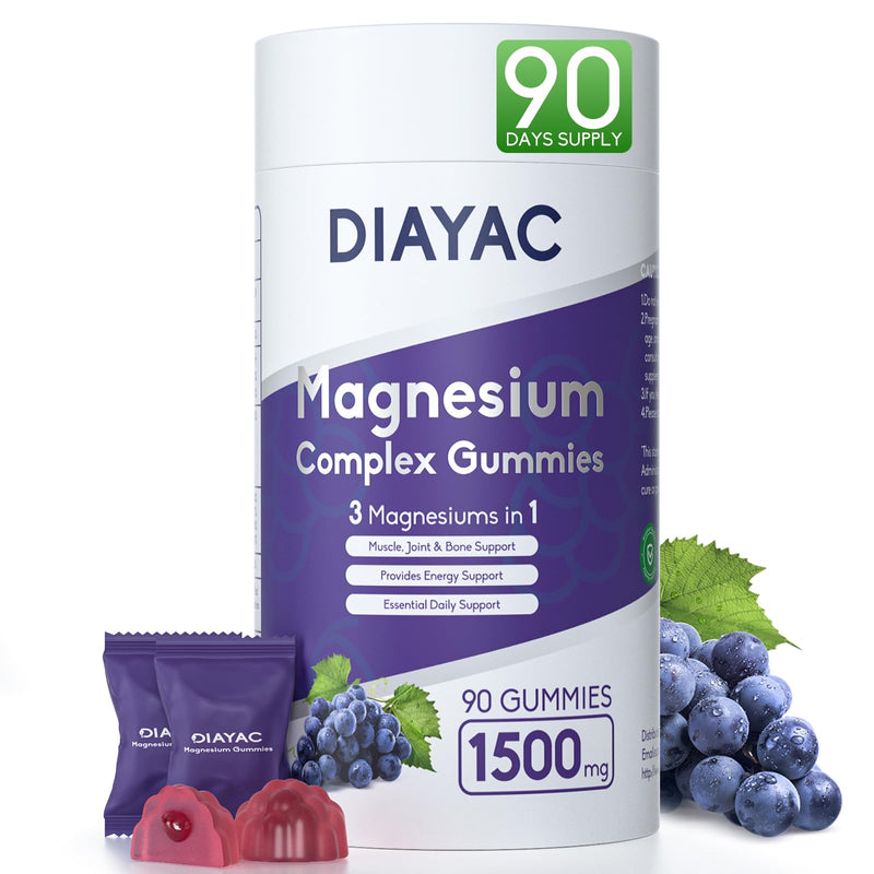 Magnesium Complex Gummies, Individually Packaged Magnesium Supplement, Magnesium Chelate, Bisglycinate, Malate, Citrate, Taurate Chewable for Women & Men,Sleep&Muscle&Nerve Health, Vegan 90 Counts Grape 1 Count (Pack of 90)