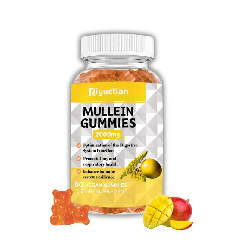 Mullein Gummies, 2000mg Organic Mullein Leaf Extract with Quercetin, Bromelain & Vitamin D3, Mullein Leaf Extract for Respiratory, Natural Lung Cleanse, Improve Appetite, Vegan, Non-GMO, 1 Pack 60 Count (Pack of 1)