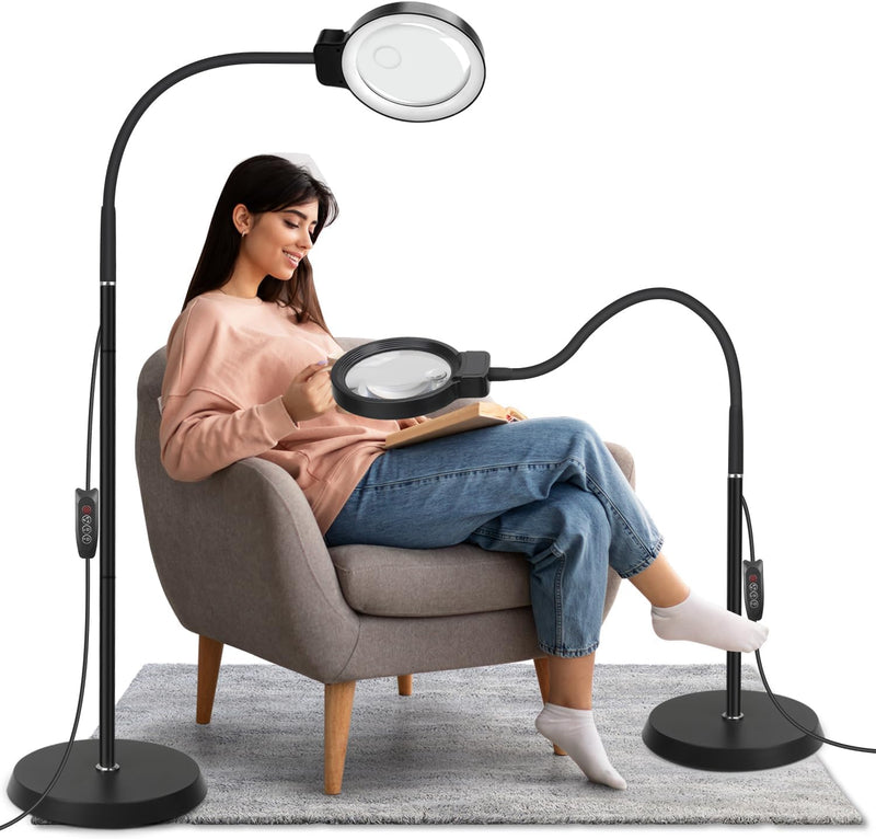 10X/30X Magnifying Glass with Light and Stand, 2-in-1 Magnifying Floor Lamp with 72 Adjustable Brightness LED Lamp Bulbs, Flexible Gooseneck Standing Magnifying Lamp for Close Work, Craft, Reading