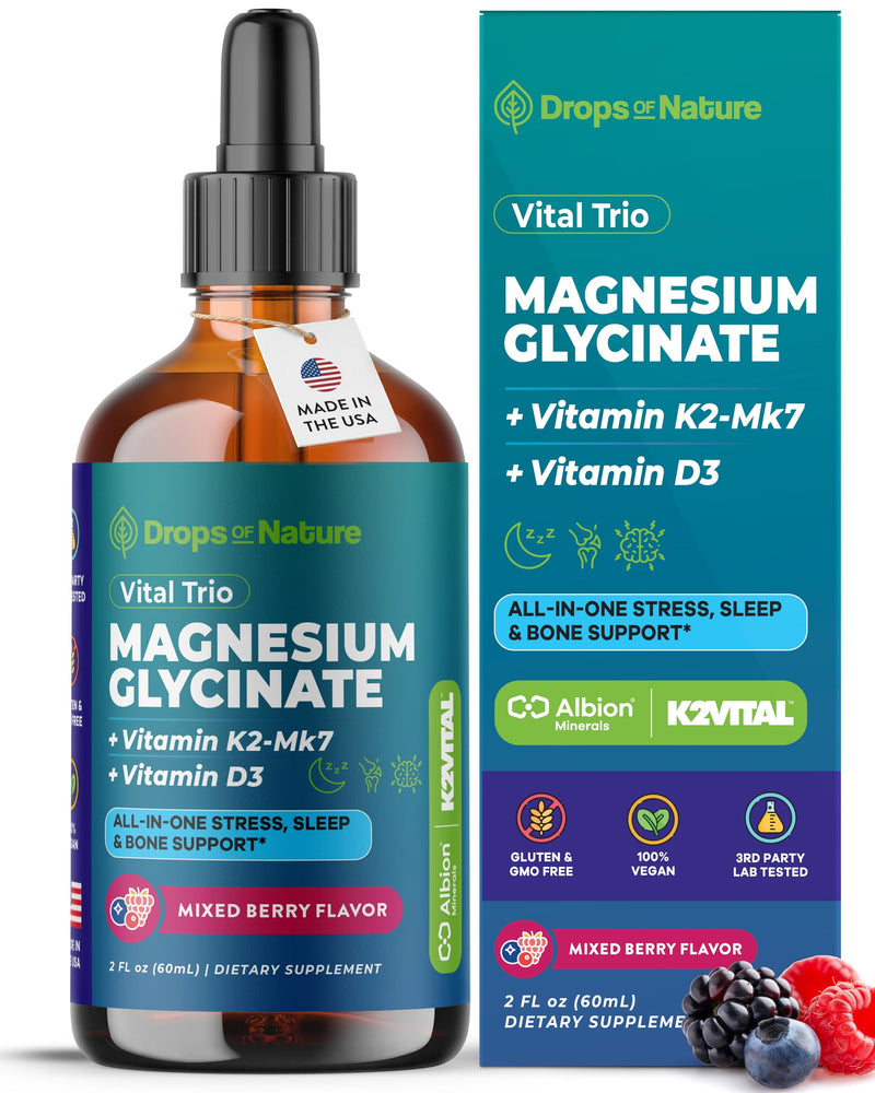 Drops Of Nature Magnesium Glycinate with Vitamin D3 K2 - Mixed Berry, 60 mL | Mineral & Vitamin Supplement Blend with Magnesium Bisglycinate & Vit D3 K2 MK-7, Calm & Bone Support, Vegan, Easy to Absorb