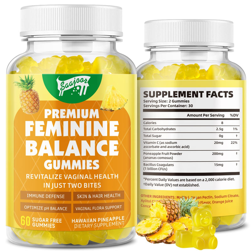 Premium Feminine Balance Gummies for Women's Immune Health, Hawaiian Pineapple Gummies Support pH Balance & Immune Support, Vegan, Gluten-Free, 60 Gummies ﻿ 1pack