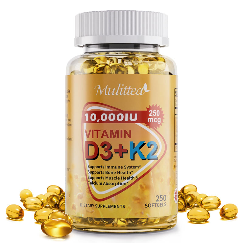 Vitamin D3 K2 10000 IU w/ MK7 for Bone, Immune & Heart Health, 250 Softgels | Plant-Based D3 from Lichen, All-Trans K2 MK7 & Virgin Coconut MCT Oil for Calcium Absorption, Bone & Immune Support 250 Count (Pack of 1)
