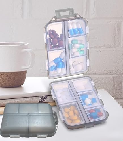 2PCS Travel Pill Organizer 10 Compartments Portable Folding Pill Case | Small Pill Box Daily Pill Container for Purse, Medicine Organizer for Fish Oil Vitamins Black Pack of 2